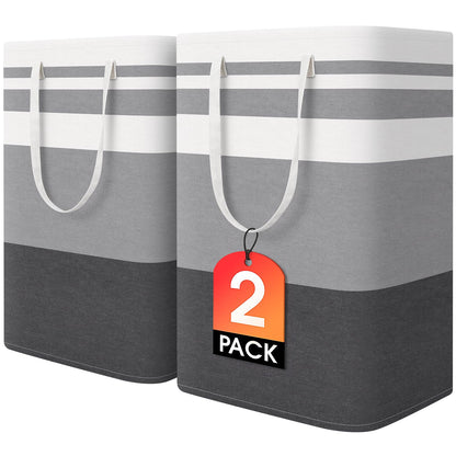 HomeHacks 2 Pack Large Laundry Baskets, Waterproof, Freestanding Laundry Hampers, Collapsible Clothes Hamper with Reinforced Handles in Laundry Room, College Dorm, Bathroom, Bedroom (Grey, 75Lx2)