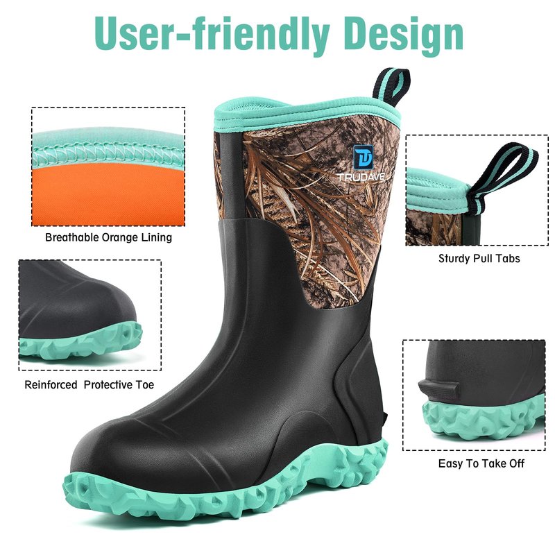 Trudave Rubber Boots for Women with Steel Shank, 6mm Neoprene Mid Calf Rain Boots, Waterproof Insulated Mud Work Boots All Season, Green, Size 5