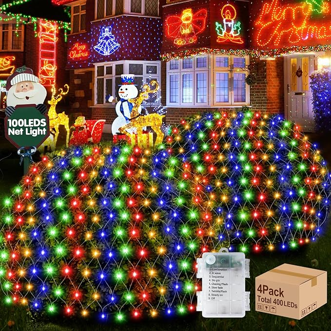 Hezbjiti Pack of 4 Battery Operated Christmas Lights Outdoor Total 400LED Waterproof Timed Memory Net Mesh Lights for Xmas Trees Bushes Garden Yard Lawn Patio Christmas Decor (4 Packs Multicolor)