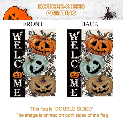 Baccessor Halloween House Flag 28 x 40 Inch Double Sided,Spooky Pumpkin Welcome Ghost Burlap Large Garden Flag Farmhouse Holiday Porch Patio Outdoor Outside Decoration
