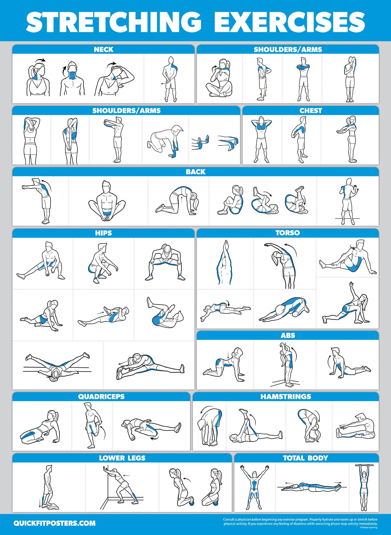 Palace Learning 4 Pack - Yoga Block Poses + Pilates Exercise + Yoga Poses Positions + Stretching Posters - Set of Four Fitness Charts (18" x 24", LAMINATED)