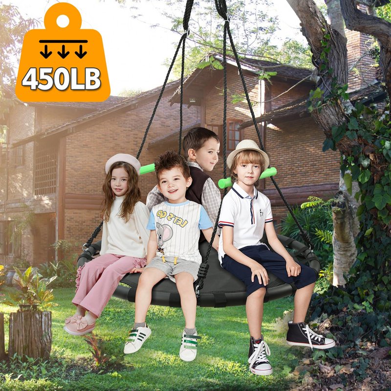 YSEJOMP Black Round Saucer Swing with Handles -Made of Sturdy Frame,PP Mat,Adjustable Multi-Strand Ropes,Safe and Durable for Yard Garden Playground Park (Black+Extra Straps, 40 inches)