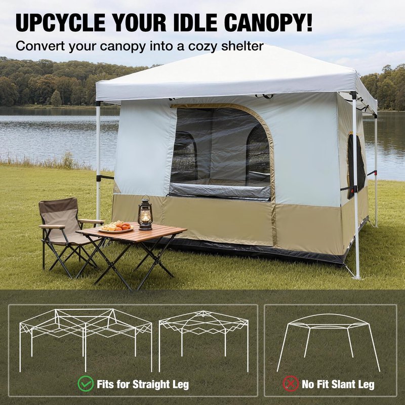 REDCAMP Canopy Camping Tent for Pop Up Canopy Tent, Inner Tent with Mesh Window, Converts Straight Leg 10'x10' or 10'x20' Canopy into Camping Tent, Fits 4-6 Person, Khaki(Frame/Shelter NOT Included)