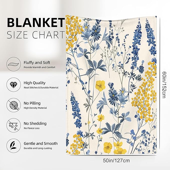Vintage Wildflower Blanket Gfits for Women Men Kids Botanical Throw Blankets Soft Lightweight for Home Decor Couch Bed Sofa 50x60 Inches