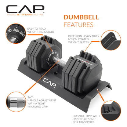 CAP Barbell ADJUSTABELL Adjustable 55 lb Hex Dumbbell Weights - Singles & Pairs | Multiple Handle Options