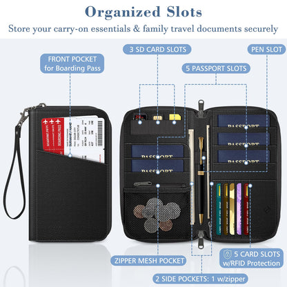 FINTIE Family Passport Holder Wallet, RFID Blocking Travel Document Organizer Clutch Bag Credit Cards Case Cover for Women Men, Black