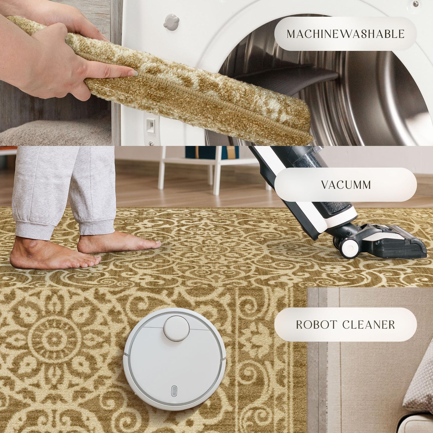 Maples Rugs Pelham Vintage Medallion Runner Rug - Made in USA - Washable, Non-Slip, Low Profile Indoor Rug for Hallway, Kitchen, and Laundry Room, 2' x 6', Khaki