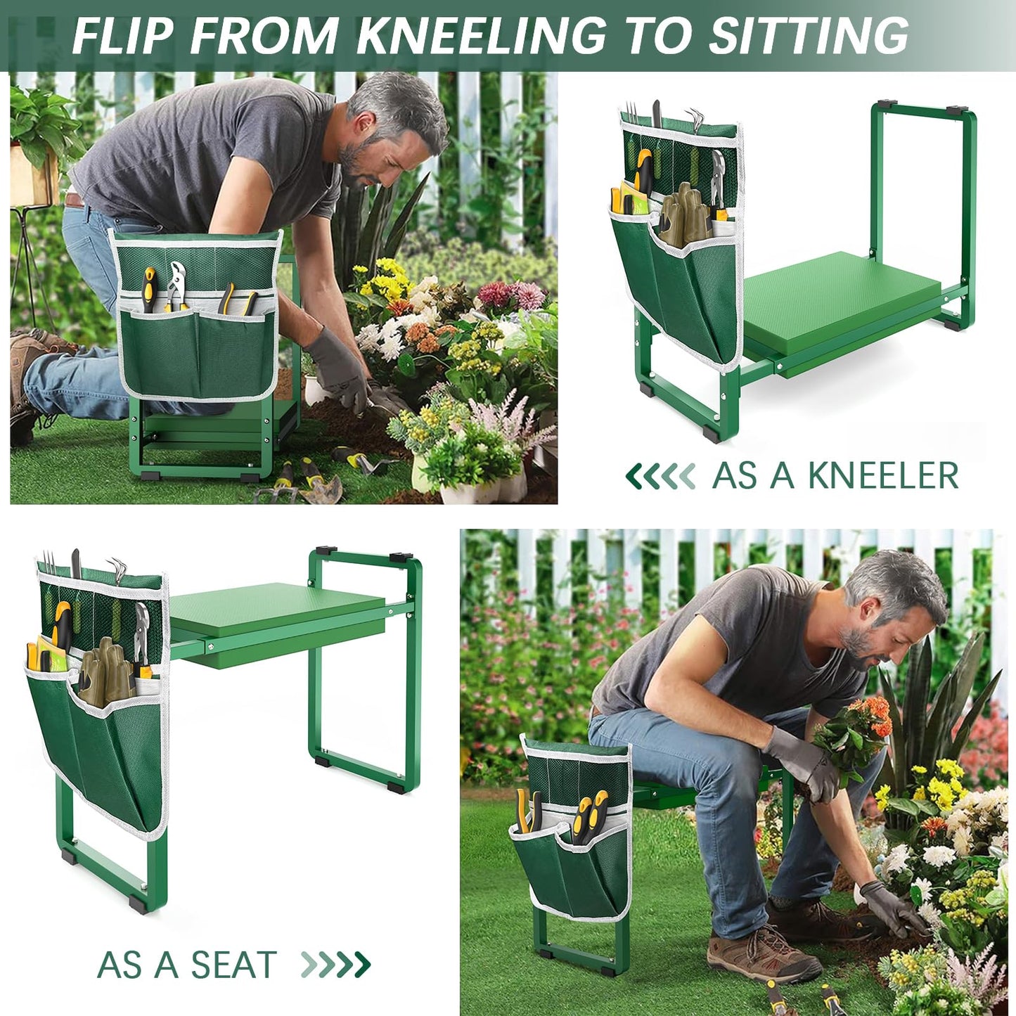 FLINTER Garden Kneeler and Seat, 10.2" Wider Heavy Duty Thick Gardening Bench for Kneeling and Seat - Multifunctional Kneeler Bench, Gardening Gifts for Women, Seniors Grandparents, Green