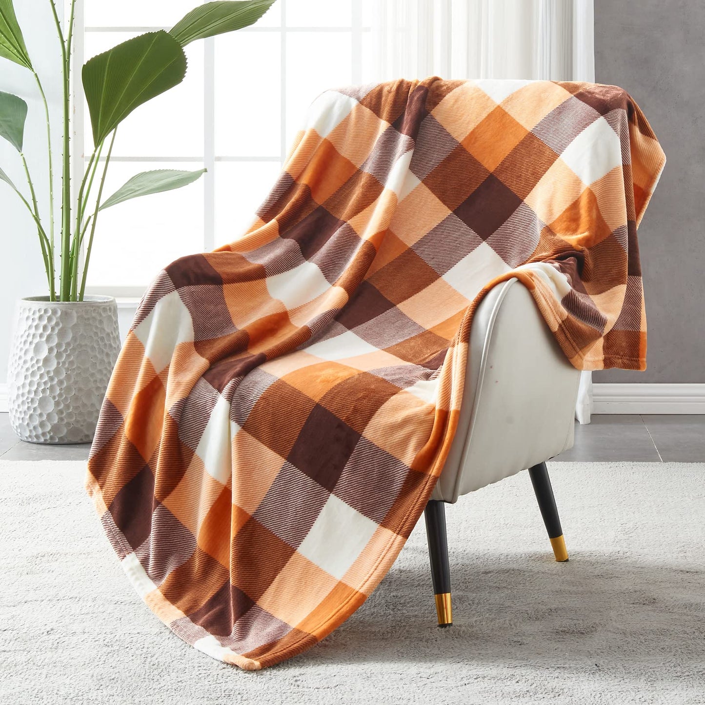 SOCHOW Buffalo Plaid Flannel Fleece Throw Blanket 90 x 90 Inches, Soft Lightweight Cozy All Season Orange Checkered Blanket for Bed, Couch, Car