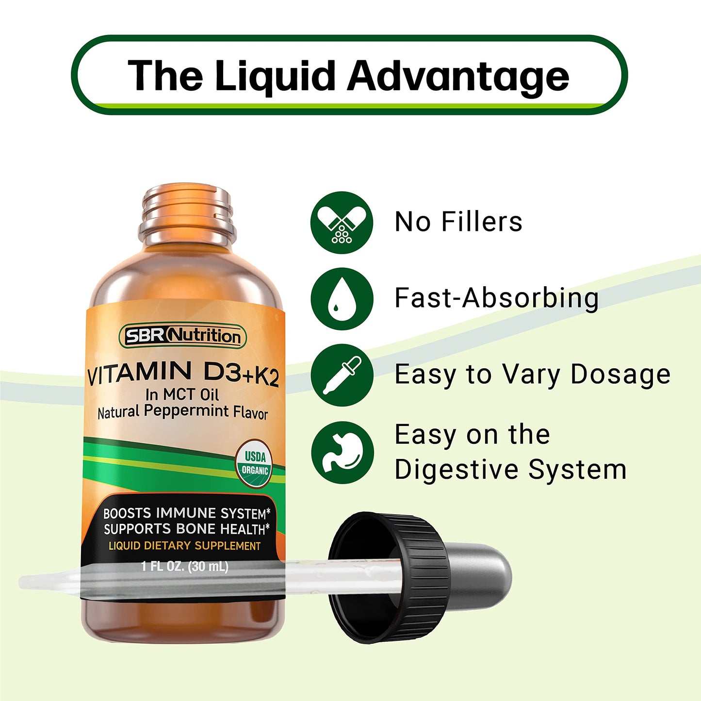 MAX Absorption Vitamin D3 + K2 (MK-7) Liquid Drops with MCT Oil, Peppermint Flavor, Helps Support Strong Bones and Healthy Heart (D3+K2) (D3+K2)