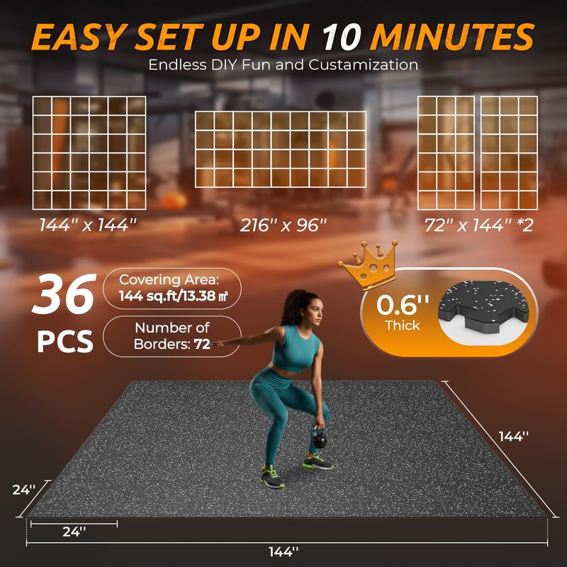 PRAISUN 0.6" Thicker Rubber Top Gym Flooring for Home Gym, 36 Pcs 144 Sq Ft Workout Mats, Exercise Mat, Interlocking Rubber Floor Mats with High Density EVA Foam for Garage, 24 x 24in, Black/Grey