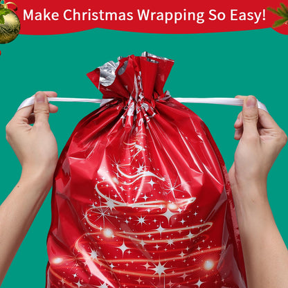 Yunaeduo Drawstring Christmas Gift Bags -20PCS Christmas Bags Assorted Sizes for Presents - Plastic Wrapping Bags Bulk - Xmas Gift Bags, 4 Designs (5 of Each) Extra Large/Big/Medium/Small Sizes