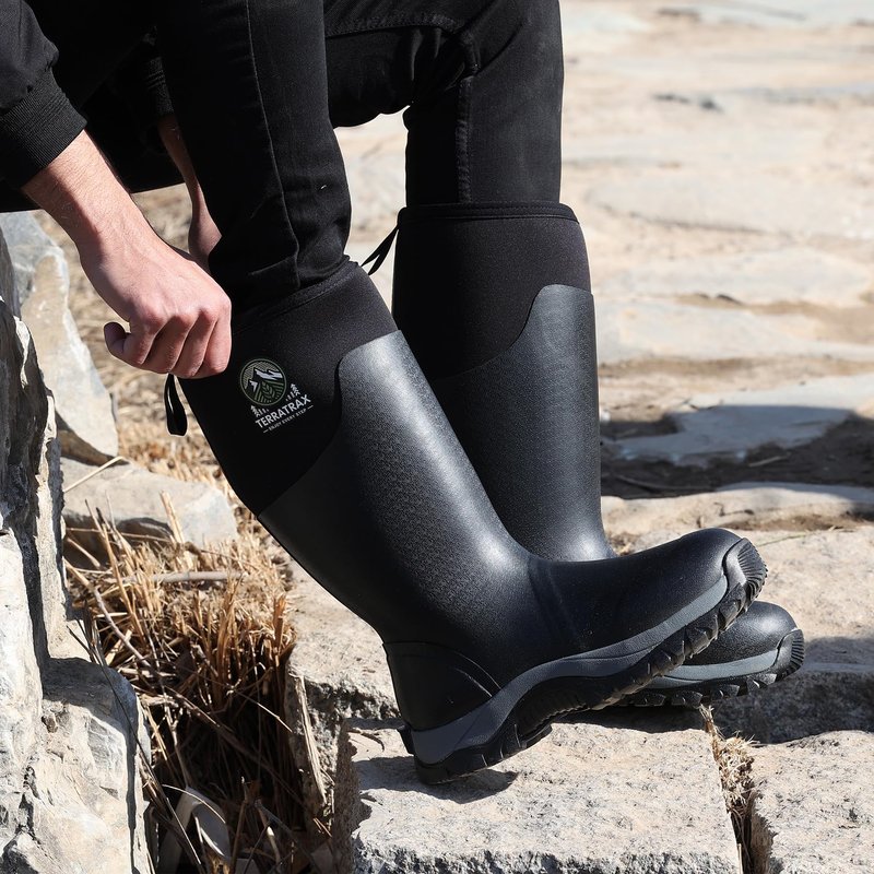 TerraTrax Men's Waterproof Insulated Rubber Hunting Boots – 6mm Neoprene Rain Boots for Outdoor Work, Fishing, Farming & Gardening Black Size 8