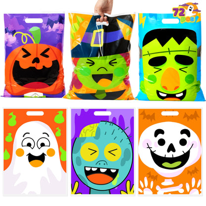 JOYIN 72 Pcs Halloween Goodie Bags with 6 Designed Characters, Trick or Treating Plastic Treat Bags for Kids Party Favors, Treats Party Supplies