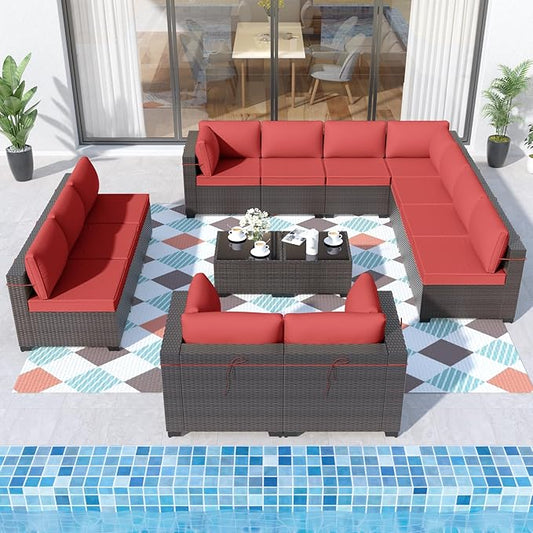 ALAULM 14 Pieces Outdoor Patio Furniture Set Sectional Sofa Sets Brown PE Rattan Patio Conversation Set w/12 Red Seat Cushions and 2 Coffee Tables
