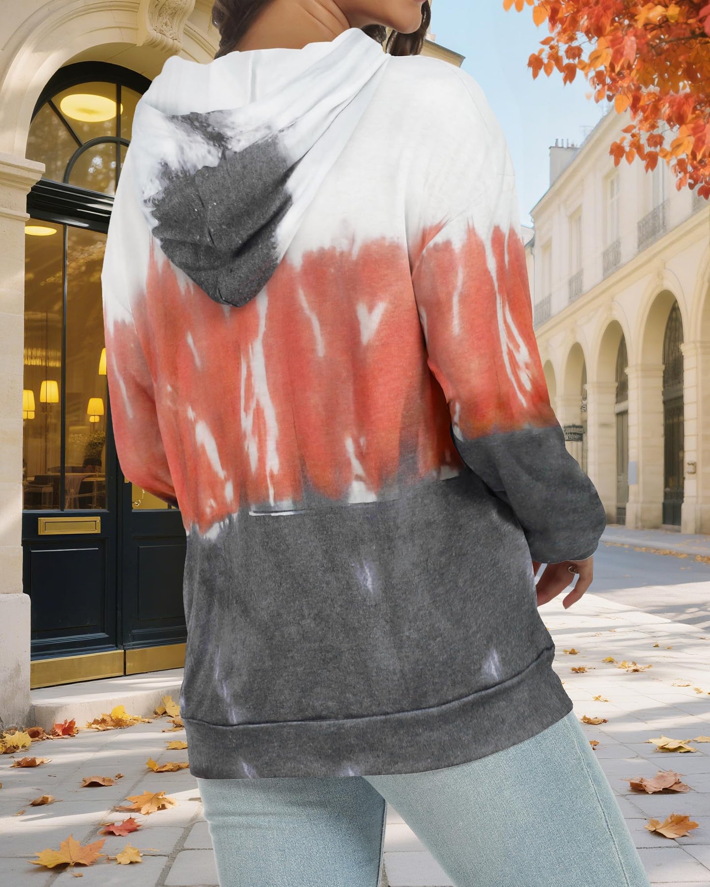 rosemia Hoodies for Women Sweatshirts Casual Long Sleeve Pullover Loose Lightweight Fall Clothes(Orange White Tie Dye,L)