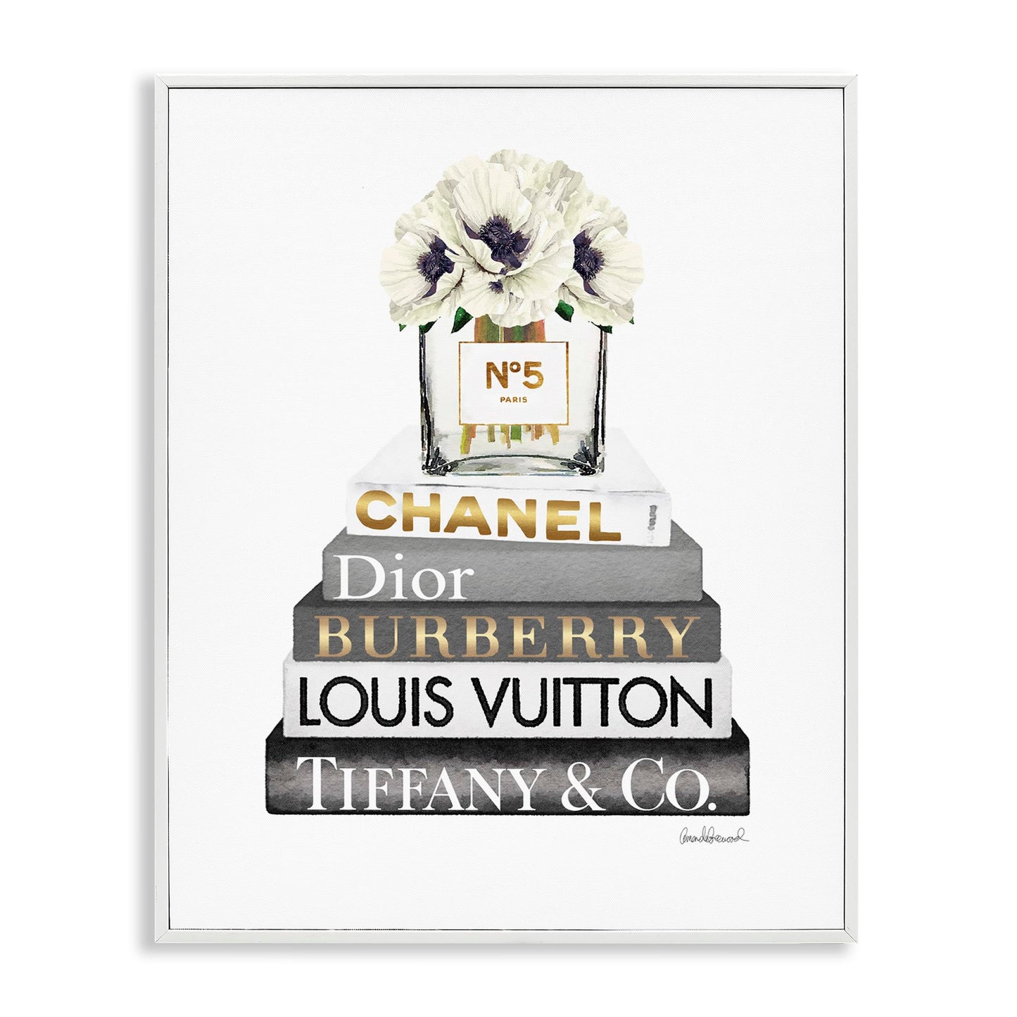 Stupell Industries Blooming White Floral Display on Glam Designer Bookstack Wall Art, 11 x 14, Black Framed