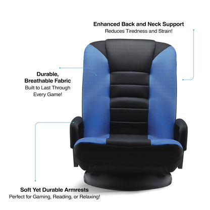 Maple99 Swivel Gaming Floor Chair - Enjoy 6 Different Positions, Adjustable Lumbar Support, Removable Polyester Cover & Arm Rests, Folds to Store, Stylish Blue with Black Center Stripe