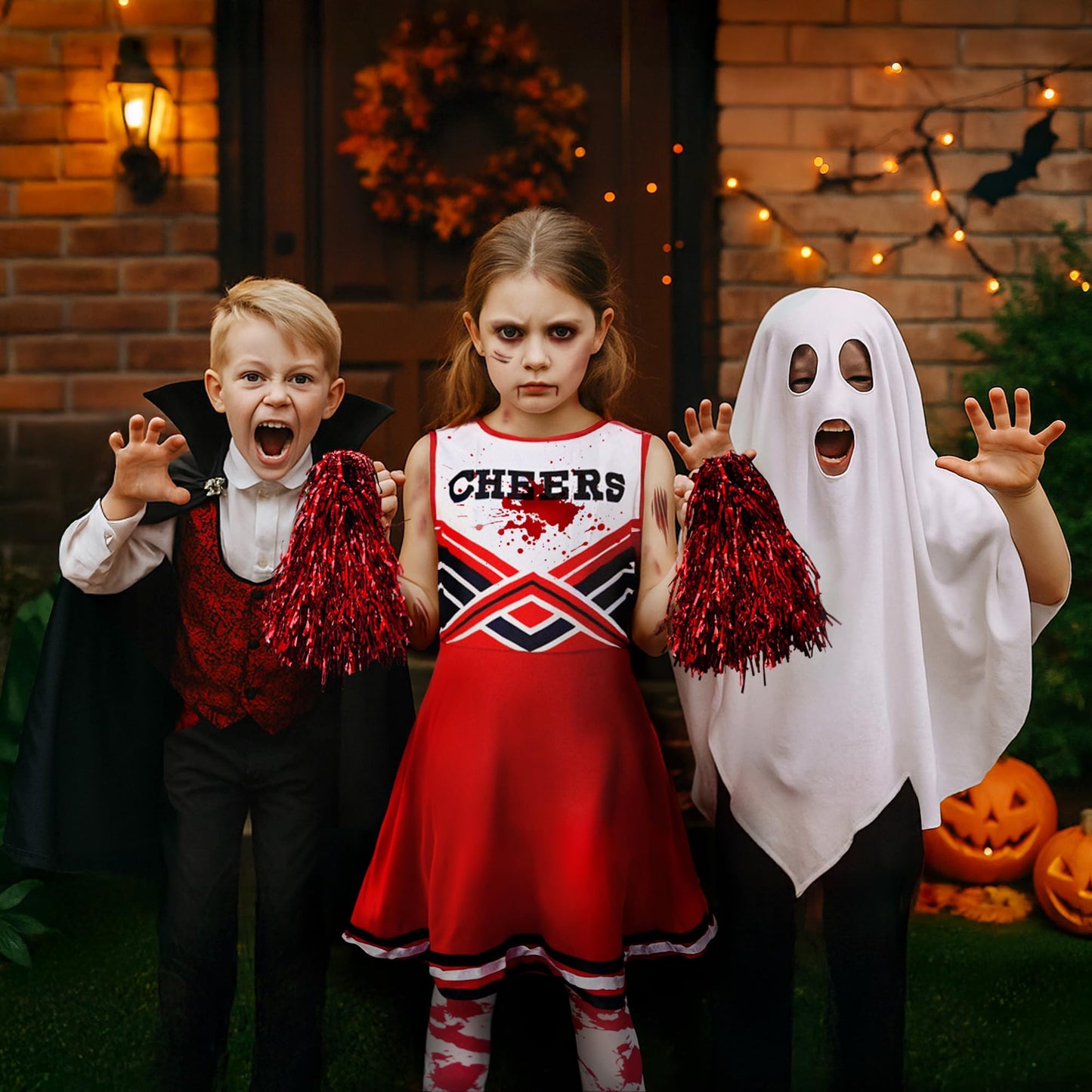 Zombie Cheerleader Halloween Costume for Kids Ages 7-9, Zombie Fancy Dress Outfit for Girls with Pom Poms, Tights, Red High School Cheerleader Costume and Fake Blood, Easy Halloween Kids Dress Up Pack