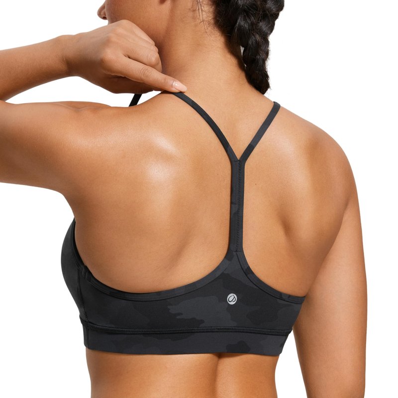 CRZ YOGA Butterluxe Y Back Sports Bras for Women - Padded Racerback Low Impact Spaghetti Thin Strap Workout Yoga Top Dark Grey Camouflage 2 Medium