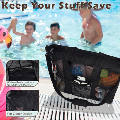 Fammart Extra Large Mesh Beach Bag for Family, Pool Travel Tote Bag with Zipper Closure, 10 Pockets, Sandproof Bottom