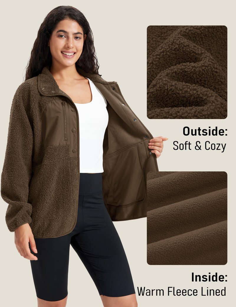 MAGCOMSEN Fuzzy Fleece Jackets Women Button Down Fleece Lined Coat Winter Warm Casual Outwear with Pockets Brown XL