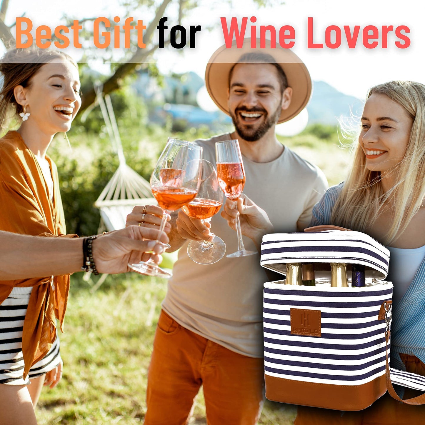 HAMILO 4 Bottle Wine Carrier - Stripe, Champagne Carrier Bag, Waterproof Wine Tote Bag with Expandable Zipper and Padded Shoulder, Insulated Wine Bag, Wine Cooler Bag, Wine Accessories Gift for Women