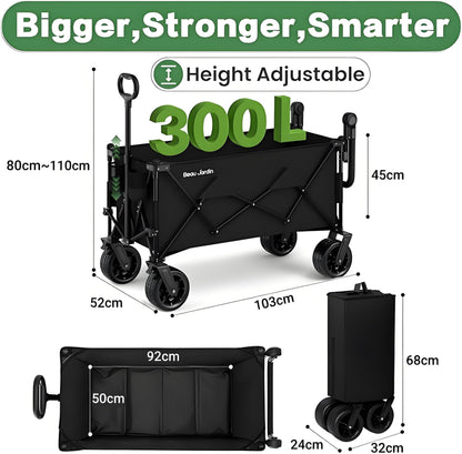 BEAU JARDIN XXL Festival Trolley Beach Cart - 300L 230KG(500LBS) Heavy Duty Folding Wagon All-Terrain Utility Wide Wheels for Camping & Shopping | Push & Pull Handle | Portable Collapsible | Black