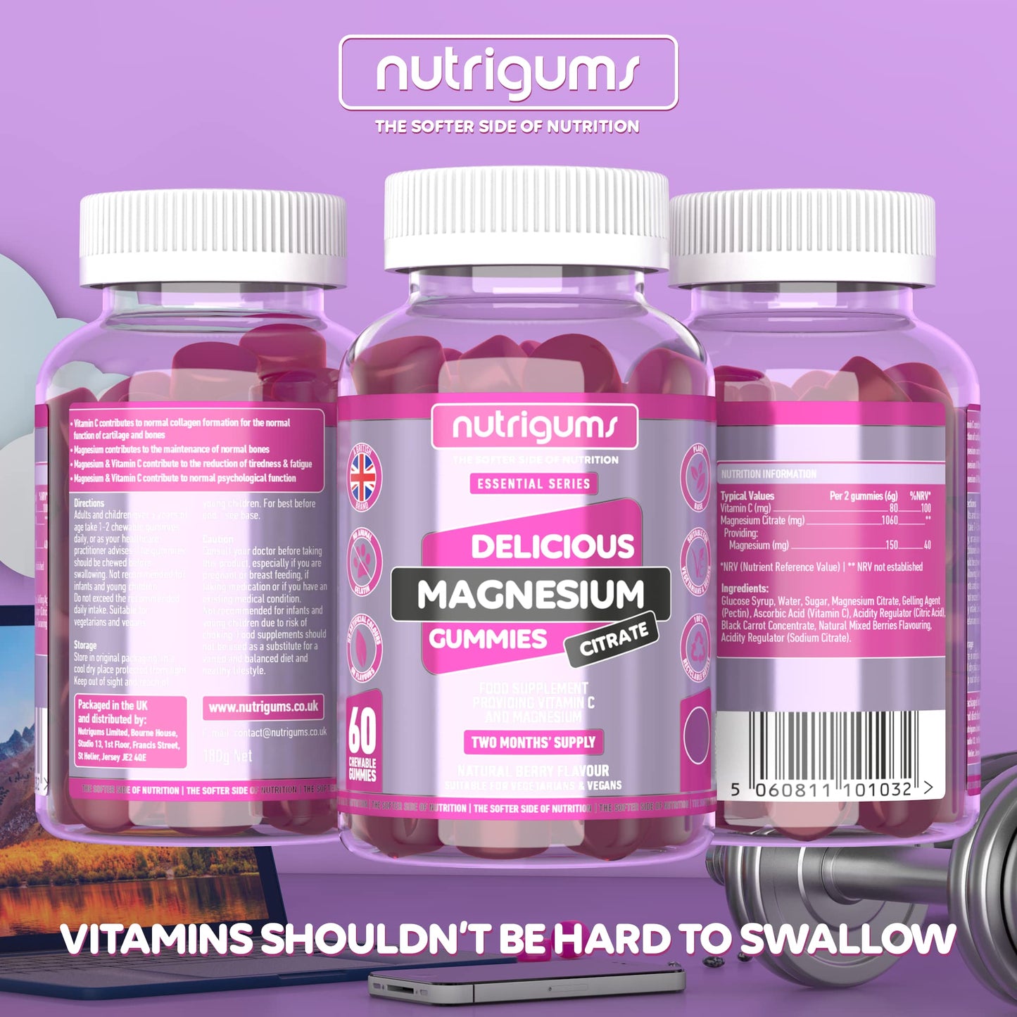 Magnesium Citrate 1250mg & Vitamin C Gummy | High Strength | 150mg of Elemental Magnesium & 80mg Vitamin C | Mixed Berry Flavour | 60 Vegan Gummies | Sleep, Energy & Bone Support by NUTRIGUMS®