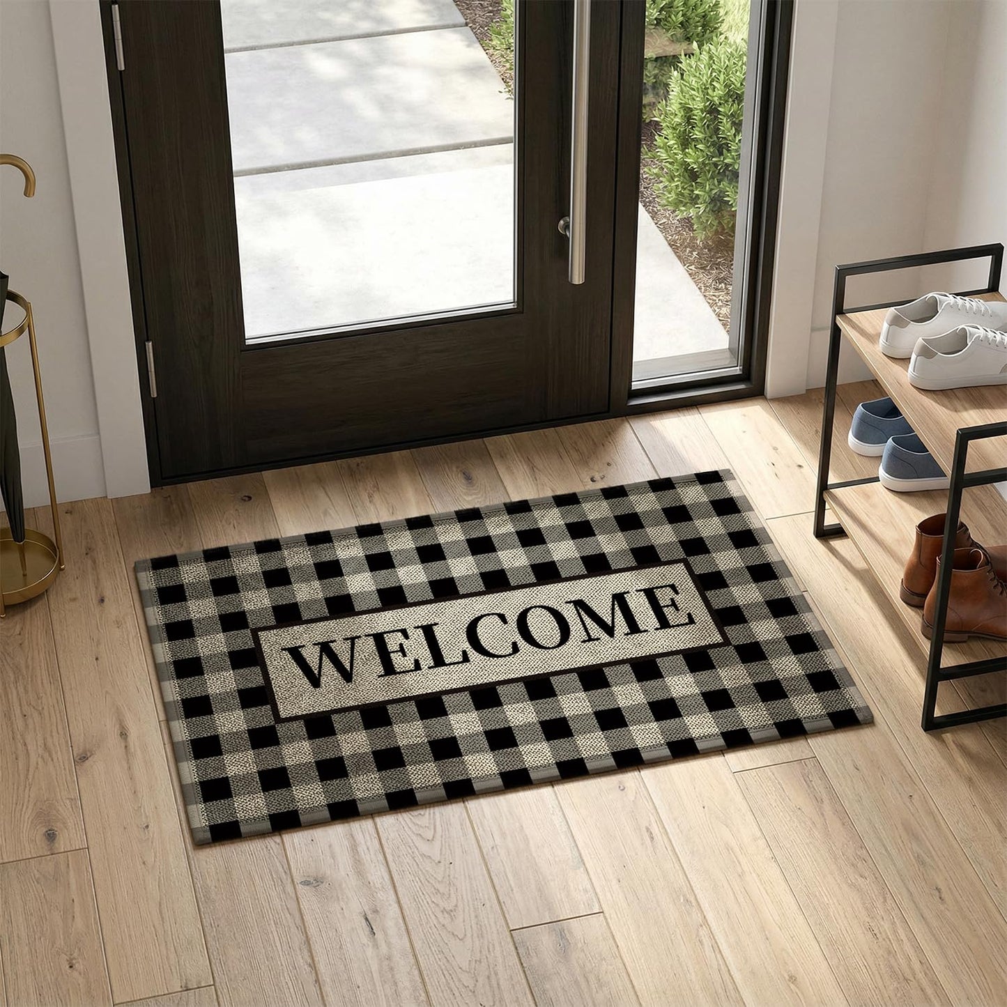 Artoid Mode Plaid Pattern Welcome Washable Doormat, Seasonal Decor Non Slip Low-Profile Absorbent Natural Rubber Back Door Mat 17x29 Inch