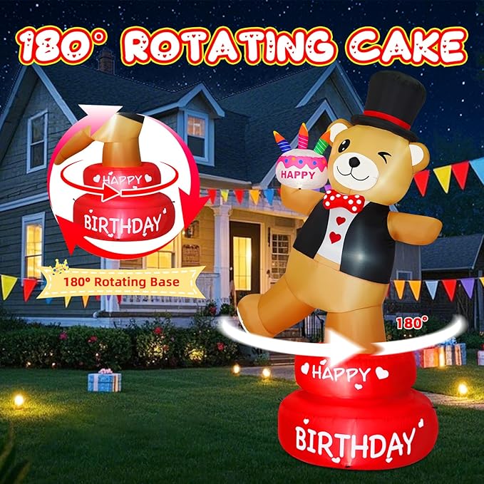6FT Birthday Inflatable Decorations Happy Birthday Cake Outdoor Decor with Candles Lighted Blow Up Party, Brown Bear Holding Cake, Bright LED Lights for Home Celebration Garden Yard Lawn Decor