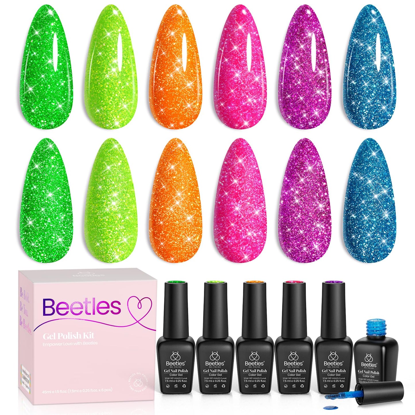 Beetles Glitter Gel Polish Set, 6 Colors Reflective Glitter Nail Polish Set Nails Gel Blue Hot Pink Purple Soak Off Uv Led Sparkly bright Colors Halloween Nail Polish Kit Gift for Women
