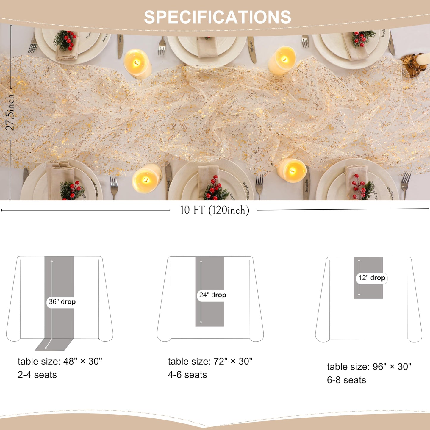 Snowkingdom 10 Ft Gold Table Runner, Sheer Gauze Chiffon Tulle Cheesecloth Sequin Glitter Metallic Foil, Table Decorations for Home Wedding Anniversary Party Birthday Holiday Christmas Thanksgiving