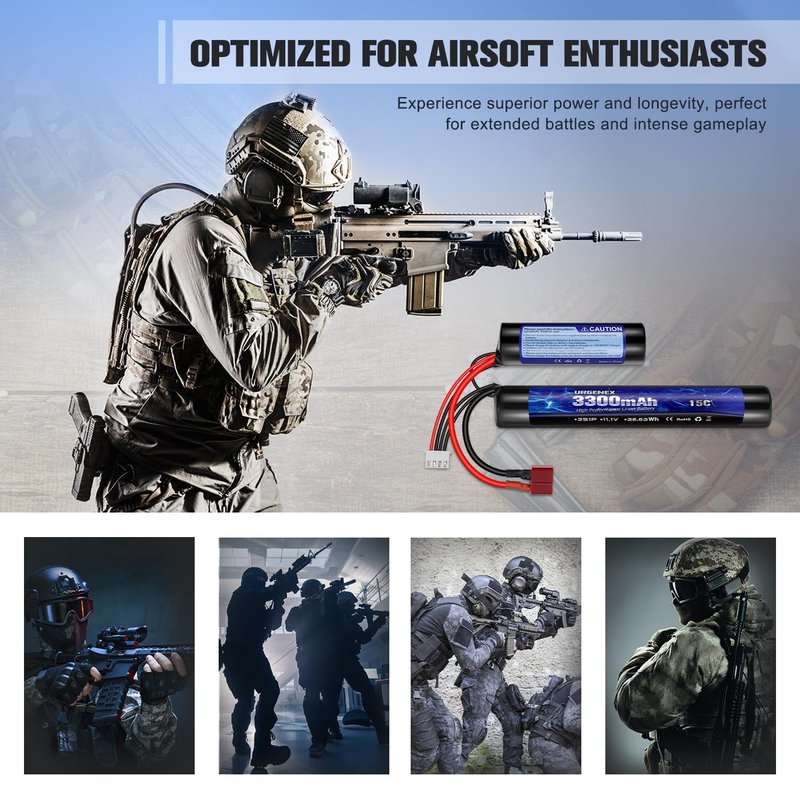 URGENEX Airsoft Battery 3300mAh High Capacity 11.1V Nunchuck RC Battery with Dean-Style T Plug & Mini Tamiya Cable 3S Butterfly Stick Airsoft Li-Ion Fit for aeG AK47 M4 MP5 and Most Airsoft Gun Rifle