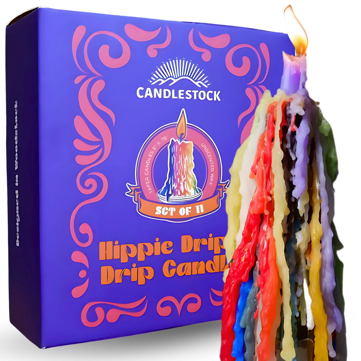 Candlestock Hippie Drippy Drip Candles - Pack of 11 Dripping Taper Candles - Wine Bottle Melting Candles (1 of Each Color)