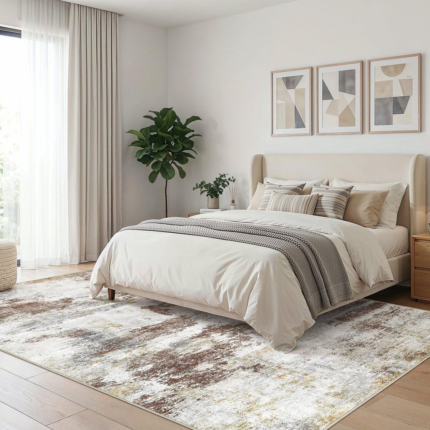 10x12 Area Rugs for Living Room - Washable Neutral Modern Abstract Rug Soft Non-Slip Stain Resistant Carpet for Bedroom Dining Table Nursery Farmhouse Home Office Decor- Redbrown