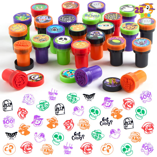 JOYIN 100 Pcs Halloween Stampers for Kids Gift, 25 Designs Assorted Plastic Stamps Bulk for Halloween Party Favors Goodie Bag Fillers, Teacher Student Stamps for Classroom Game Prizes