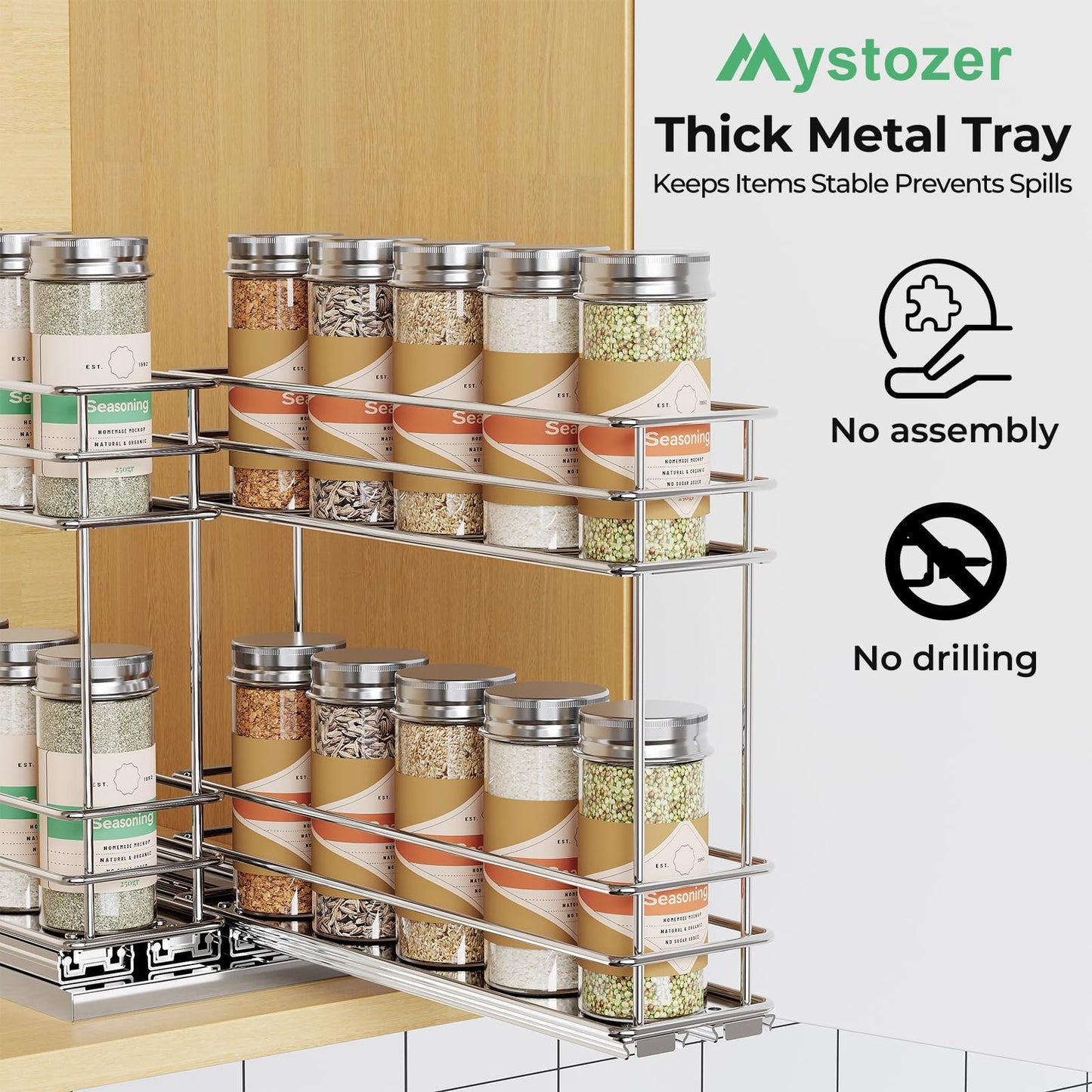 Pull Out Spice Rack Organizer for Cabinet, Slide Out Spice Racks, Easy to Install, 2.1''Wx10.35''Dx8.26''H, 3 Drawers 2 Tiers(Black)