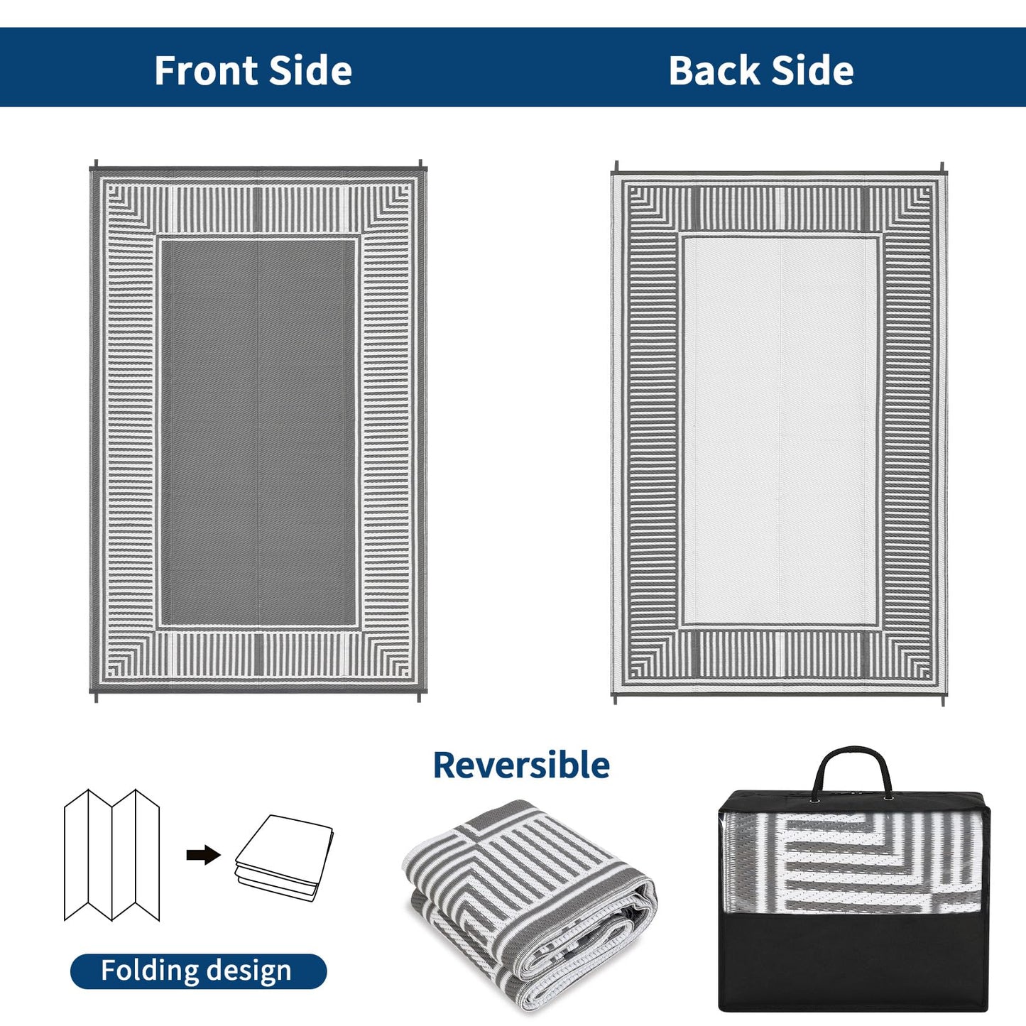 GAOMON Waterproof Outdoor Rug for Patios 9x12 Reversible Plastic Straw Area Rug, Indoor Outdoor Large RV Camping Carpet Mat for Picnic, Backyard, Deck, Balcony, Porch, Beach,Border-Grey