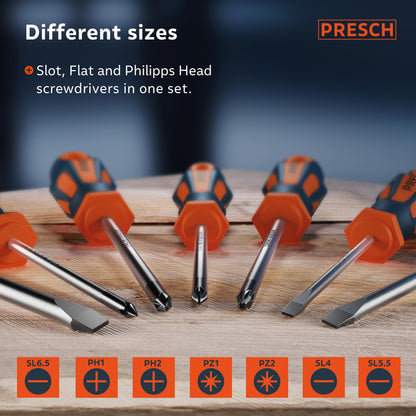 Presch Screwdriver Set 7 Pieces - Magnetic Screwdriver Sets with Slotted, Pozidrive and PH Screwdrivers - Pro Screw Driver Kit