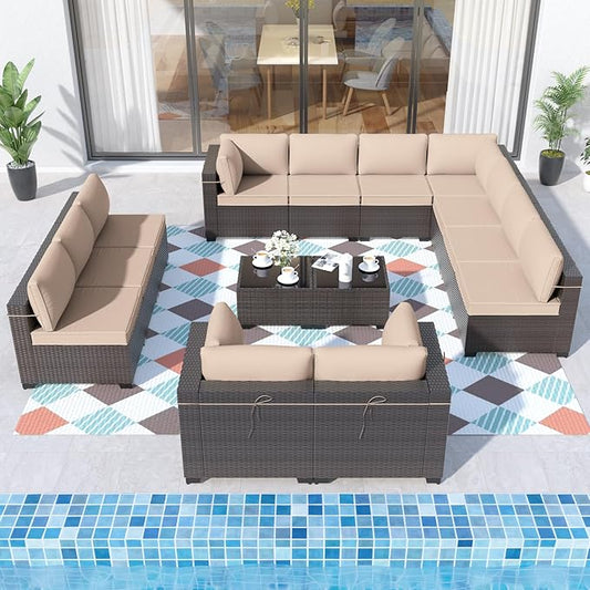 ALAULM 14 Pieces Outdoor Patio Furniture Set Sectional Sofa Sets Brown PE Rattan Patio Conversation Set w/12 Khaki Seat Cushions and 2 Coffee Tables