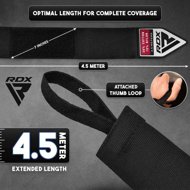 RDX Boxing Hand Wraps 4.5M / 180 Inches – Mexican Style Semi-Elastic MMA Inner Gloves - Wrist Support for Muay Thai, Kickboxing, BJJ, Karate - Thumb Loop & Hook and Loop Closure - Cotton & Nylon Blend