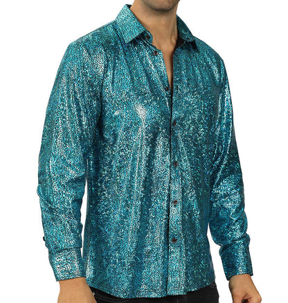 WULFUL Men Dress Shirt Sequins Long Sleeve Button Down Shirt Luxury Disco Party Nightclub Christmas Prom Costume