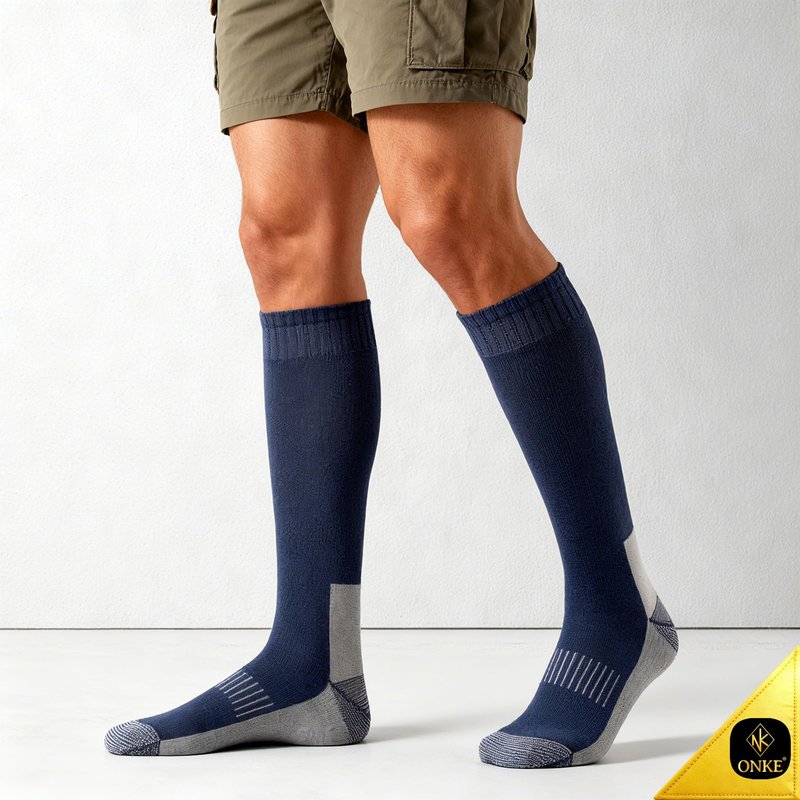 ONKE Knee High Socks for Men Work Boot Heavy Duty Tube Over the Calf Thick Full Cushion Moisture Control Durable Breathable(NavyBlue L)