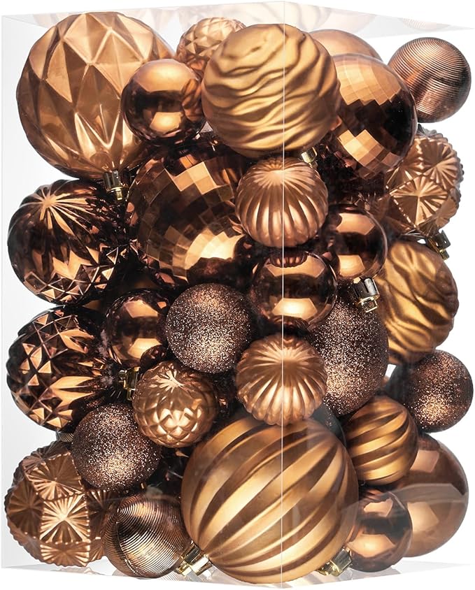 JORNOY Christmas Tree Ornaments Set, 47 Pack Assorted Shatterproof Hanging Balls Decorations, Plastic Bulbs Bulk with Lanyard for Home Holiday Party Decor, 3-Sizes (Caramel)