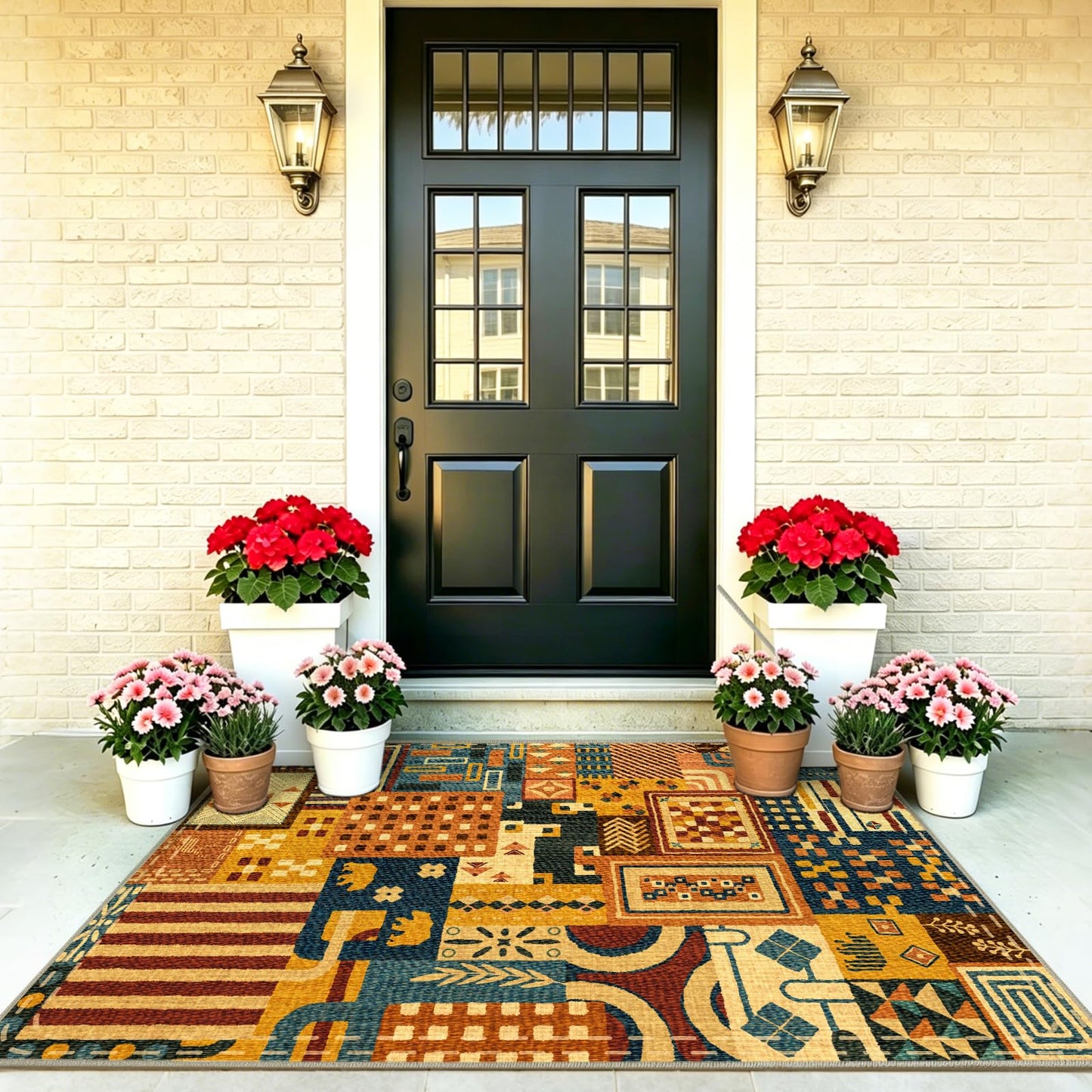 Quntue Easy Jute Front Porch Rug 3x5 Washable Farmhouse Patchwork Tan Rugs for Entryway Non Slip Southwestern Boho Indoor Outdoor Carpet for Patio, Kitchen, Bedroom, Entrance