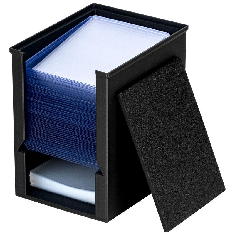 XSHINOVA Toploader Dispenser & Penny Sleeve Holder - Dual Compartment Holds 250 Penny Sleeves & up to 50 Top Loaders, Stackable Card Storage Box with Dustproof Lid (Black)