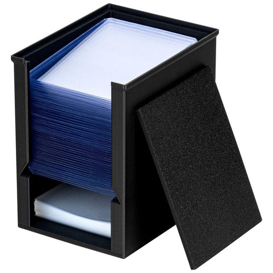 XSHINOVA Toploader Dispenser & Penny Sleeve Holder - Dual Compartment Holds 250 Penny Sleeves & up to 50 Top Loaders, Stackable Card Storage Box with Dustproof Lid (Black)