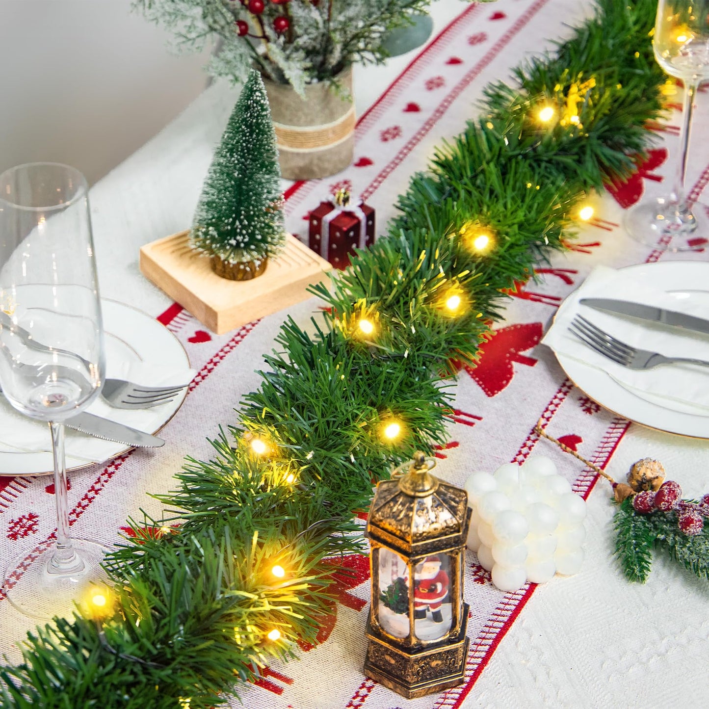 Ouddy Decor Christmas Garland with Lights, 19.7 Ft 60 Led Pre-lit Christmas Greenery Garland Battery Operated for Mantle Stairs Railing Party Winter New Year Outdoor Indoor Home Decor, Warm White