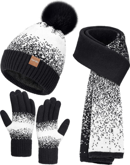Winter Beanie Hat Scarf Gloves Set for Women, 3 PCS Warm Beanie with Pom Pom Long Knit Neck Scarf Touchscreen Gloves Fleece Lined Hat Winter Gifts for Cold Weather Birthday Christmas Gifts for Adult